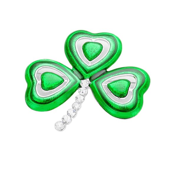 ST. PATRICKS DAY IRISH SHAMROCK CLOVER GREEN RHINESTONE LARGE BROOCH - Picture 1 of 4